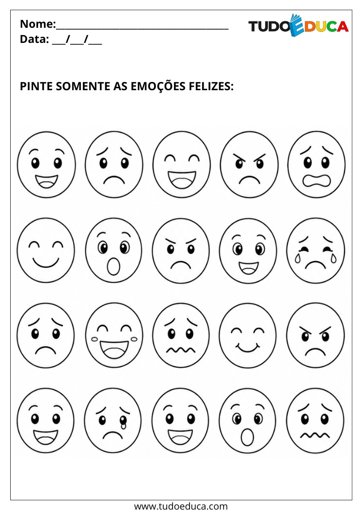 Atividade de pintar as expressões para Alunos com Autismo