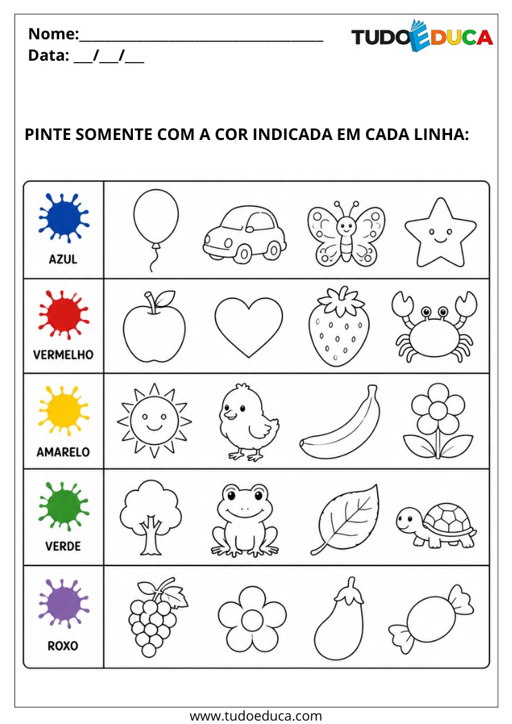 Atividade de pintar com a cor indicada para Alunos com Autismo