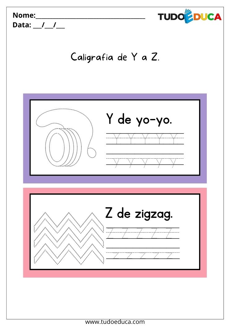 Atividade de português para alunos com deficiência intelectual caligrafia de Y a Z para imprimir