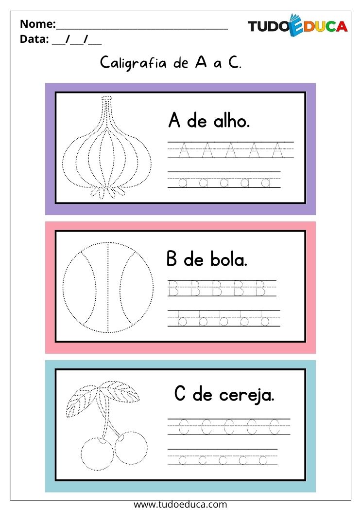 Atividade de português para alunos com deficiência intelectual caligrafia de A a C para imprimir