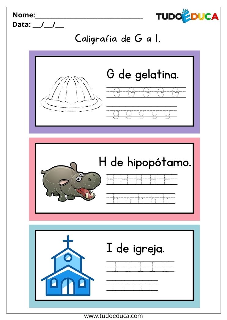 Atividade de português para alunos com deficiência intelectual caligrafia de G a I para imprimir