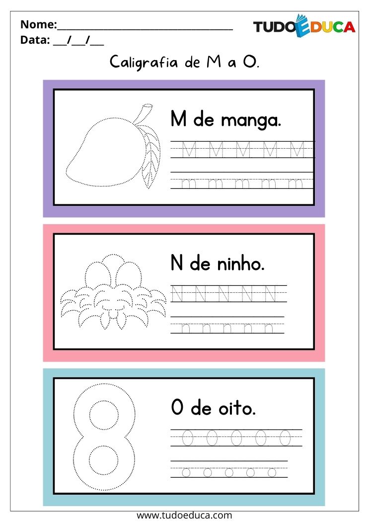 Atividade de português para alunos com deficiência intelectual caligrafia de M a O para imprimir