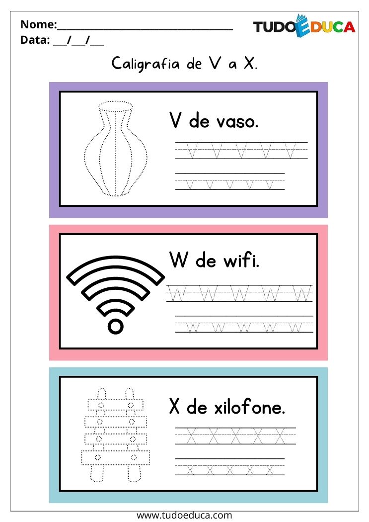 Atividade de português para alunos com deficiência intelectual caligrafia de V a X para imprimir