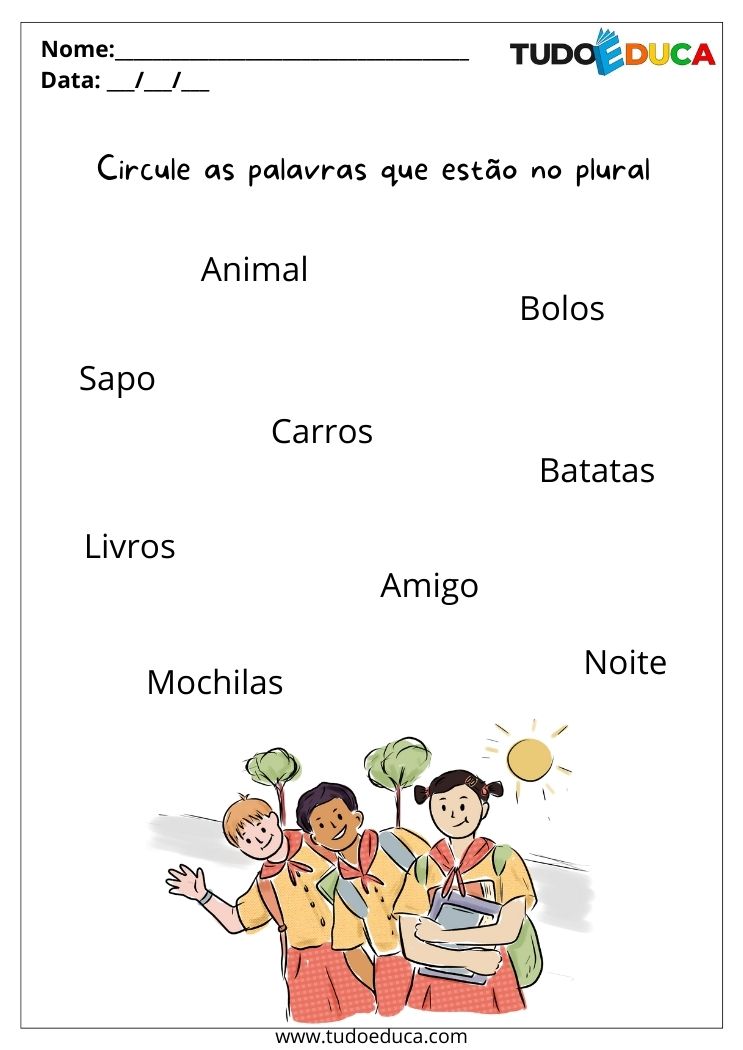 Atividade de português para alunos com deficiência intelectual circule apenas as palavras que estão no plural para imprimir