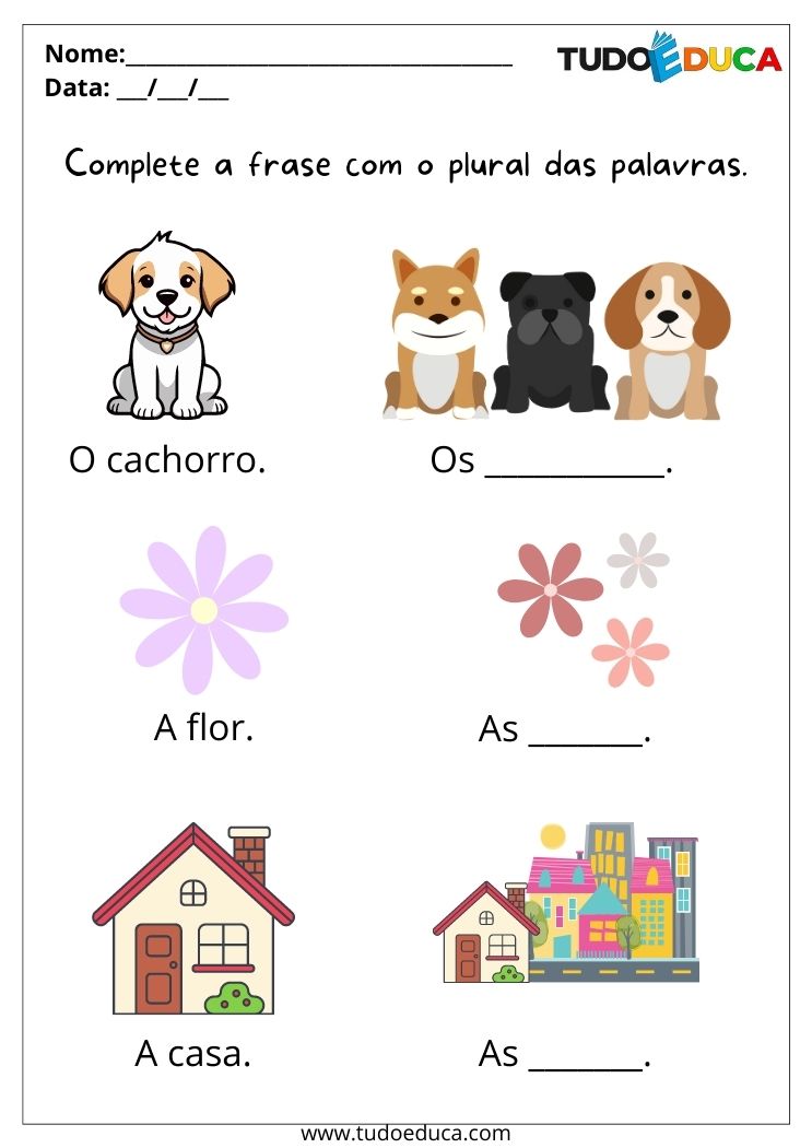 Atividade de português para alunos com deficiência intelectual complete a frase com o plural das palavras para imprimir