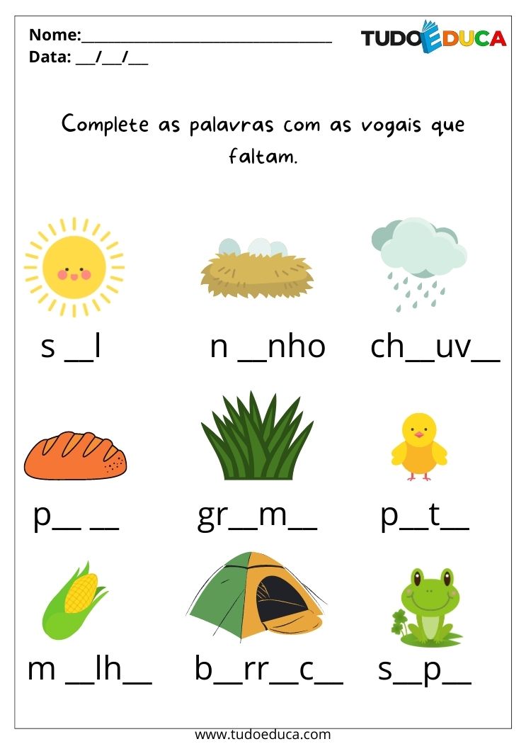 Atividade de português para alunos com deficiência intelectual complete as palavras com as vogais que faltam para imprimir