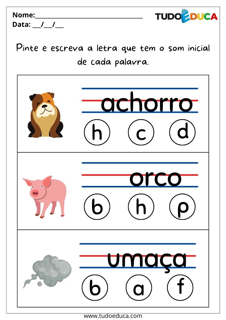 Atividade de português para alunos com deficiência intelectual escreva a primeira letra da palavra para imprimir