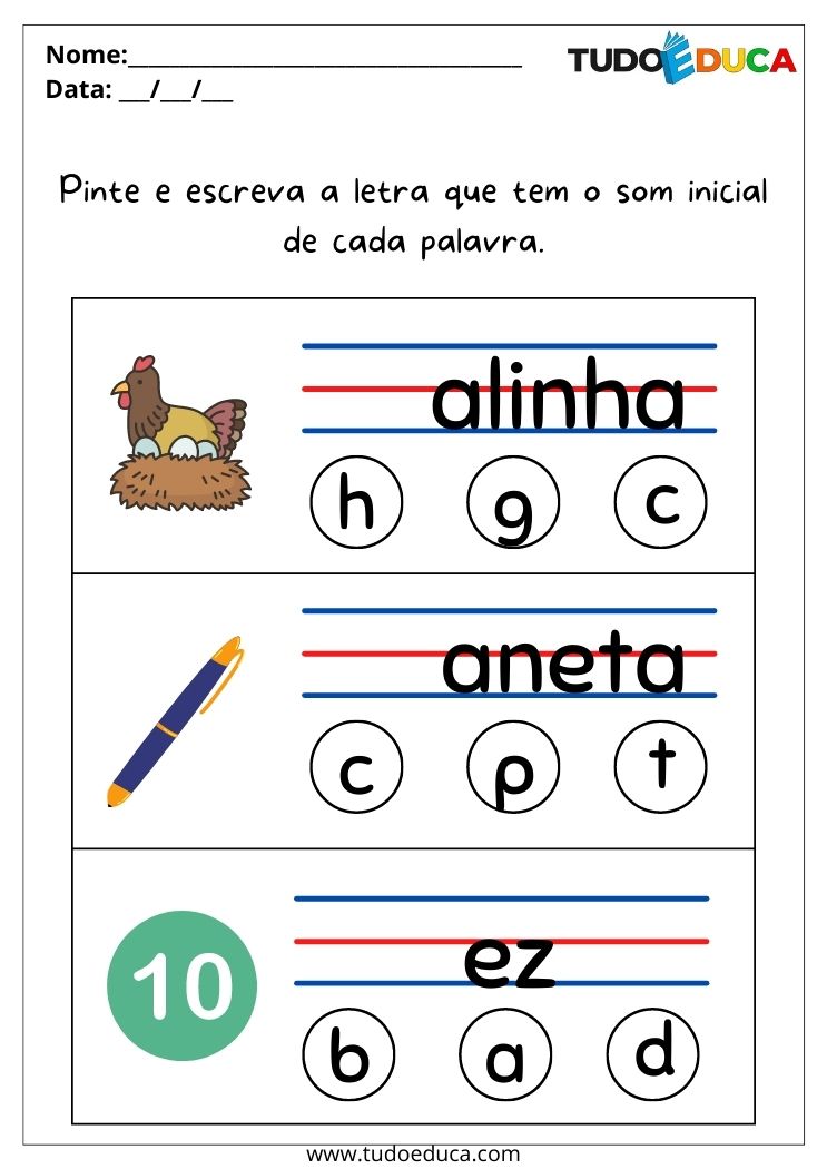 Atividade de português para alunos com deficiência intelectual escrevas a letra de som inicial das palavras para imprimir