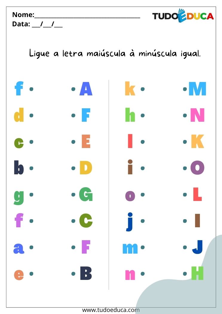 Atividade de português para alunos com deficiência intelectual ligue a letra maiúscula à minúscula igual para imprimir