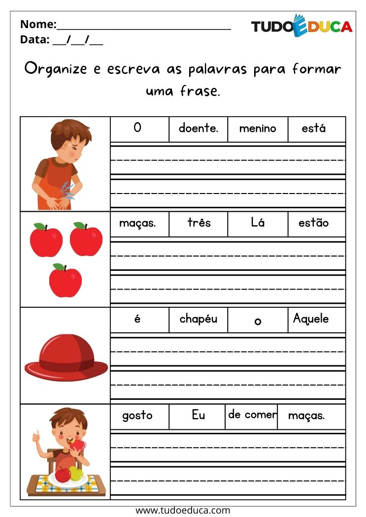 Atividade de português para alunos com deficiência intelectual organize as palavras e monte as frases para imprimir