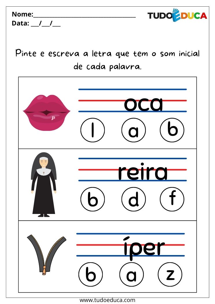 Atividade de português para alunos com deficiência intelectual pinte a primeira letra da palavra para imprimir