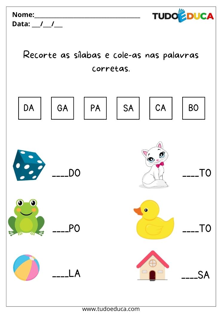 Atividade de português para alunos com deficiência intelectual recorte e cole as sílabas na palavra correta para imprimir