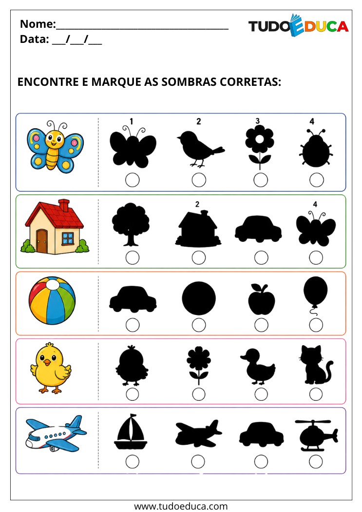 Atividade encontre as sombras certas para Alunos com Autismo