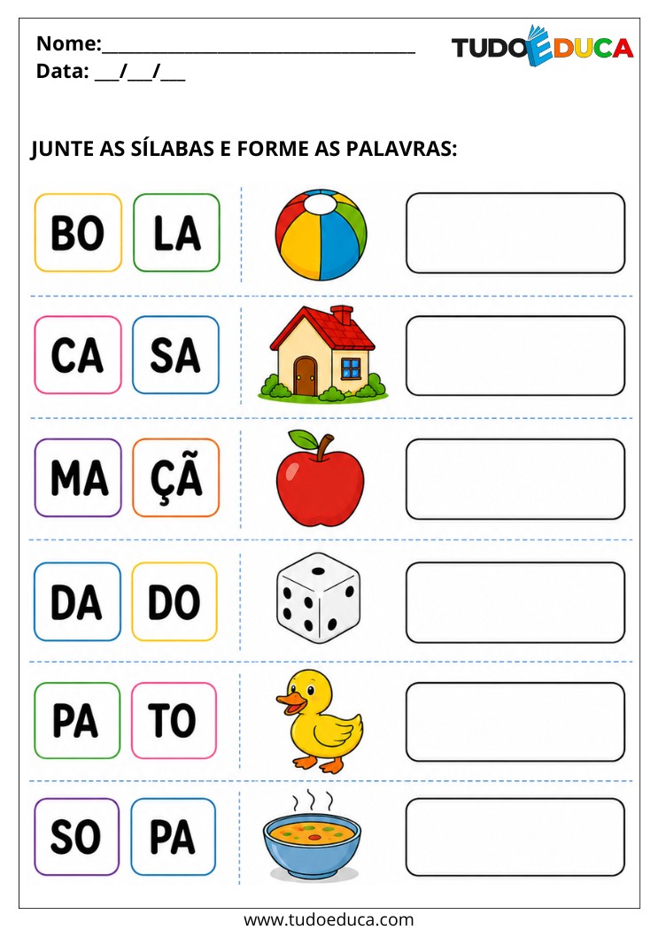 Atividade junte as sílabas para Alunos com Autismo