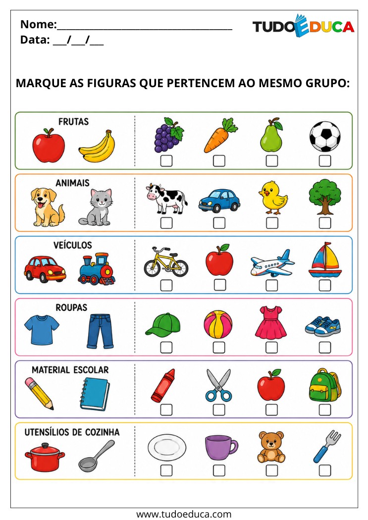Atividade marque os itens do mesmo grupo para Alunos com Autismo