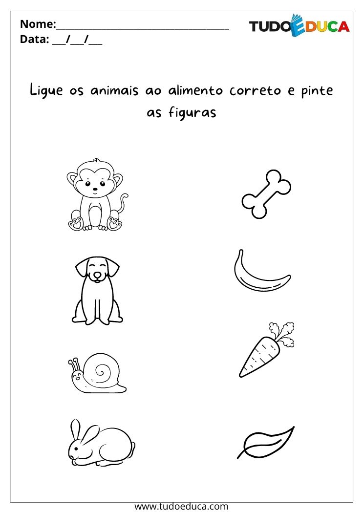 Atividade para alunos com autismo pinte as figuras e ligue os animais ao alimento correto para imprimir