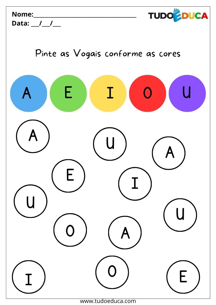 Atividade para alunos com autismo pinte as vogais conforme as cores indicadas para imprimir
