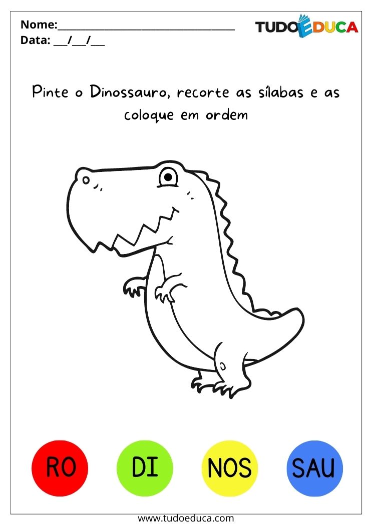 Atividade para alunos com autismo pinte o dinossauro e organize as sílabas para imprimir