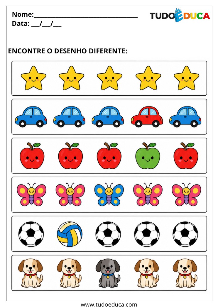 Atividade para encontrar as figuras diferentes para Alunos com Autismo