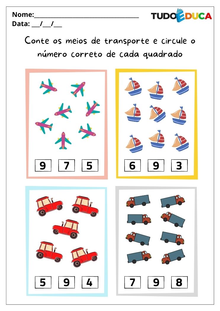Atividades de matemática para alunos com autismo circule a quantidade de meios de transporte correta para imprimir