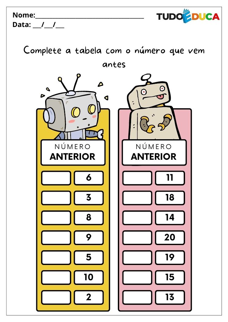 Atividades de matemática para alunos com autismo complete com o número que vem antes para imprimir