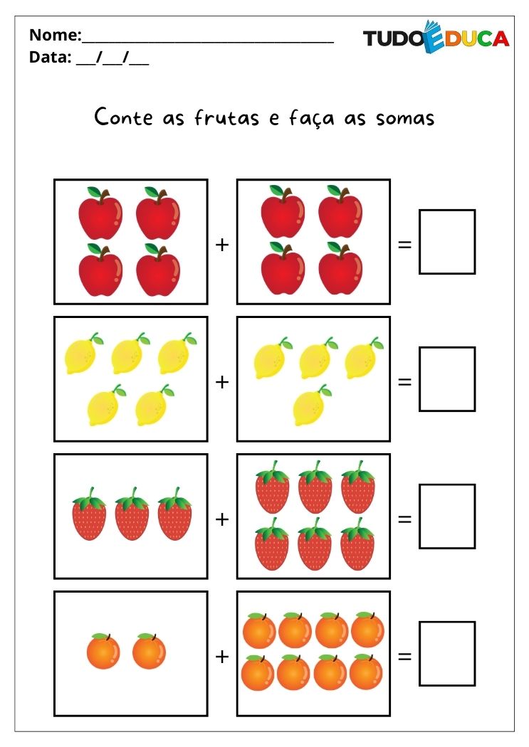 Atividades de matemática para alunos com autismo conte as frutas e faça as somas para imprimir