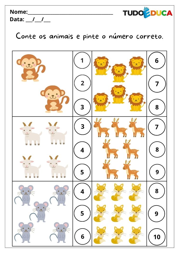 Atividades de matemática para alunos com autismo conte os animais e pinte o número correto para imprimir