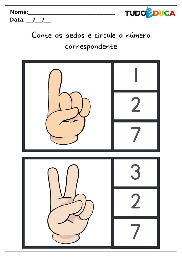 Atividades de matemática para alunos com autismo conte os dedos e circule o número 1 e 2 para imprimir