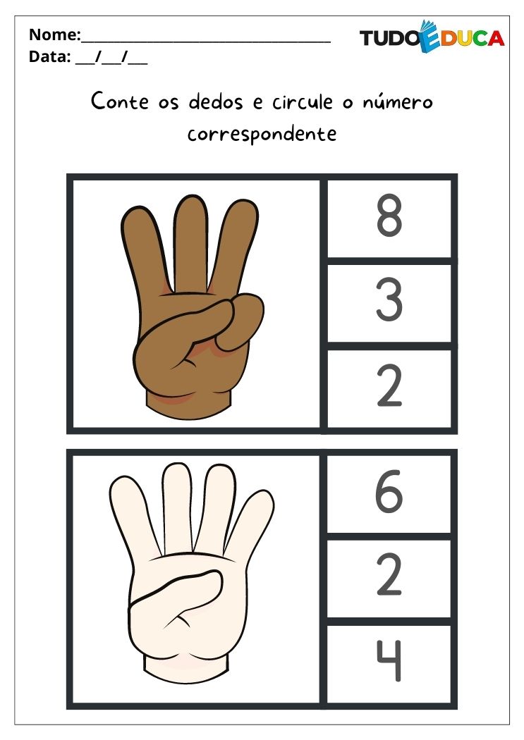 Atividades de matemática para alunos com autismo conte os dedos e circule os números 3 e 4 para imprimir