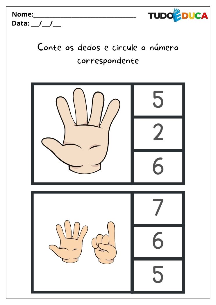 Atividades de matemática para alunos com autismo conte os dedos e circule os números 5 e 6 para imprimir