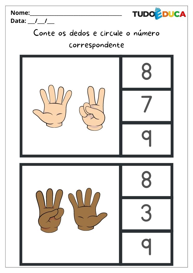 Atividades de matemática para alunos com autismo conte os dedos e circule os números 7 e 8 para imprimir