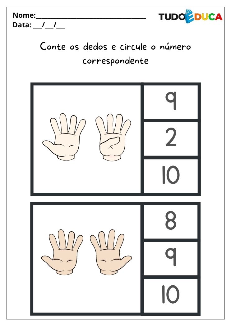 Atividades de matemática para alunos com autismo conte os dedos e circule os números 9 e 10 para imprimir
