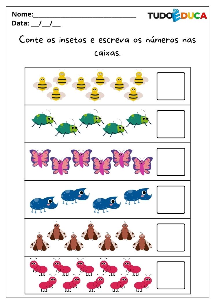 Atividades de matemática para alunos com autismo conte os insetos e escreva a quantidade na caixa para imprimir
