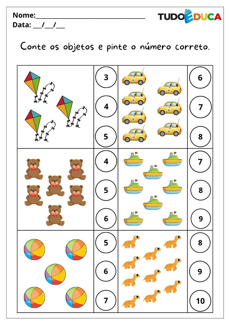 Atividades de matemática para alunos com autismo conte os objetos e pinte o número correto para imprimir