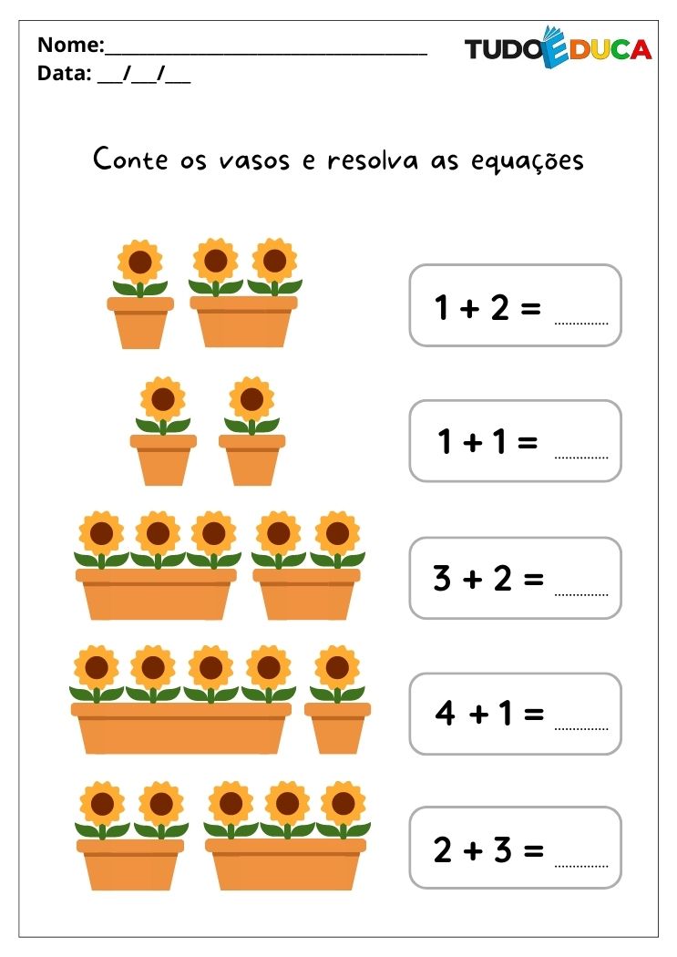 Atividades de matemática para alunos com autismo conte os vasos e resolva as equações para imprimir