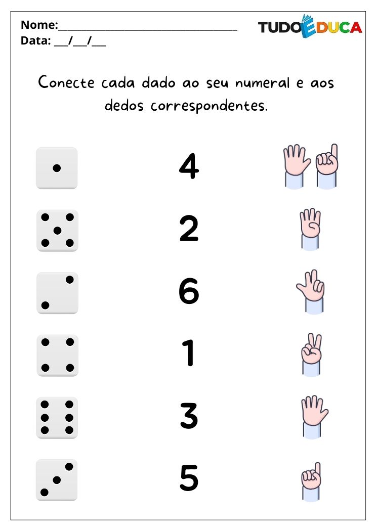 Atividades de matemática para alunos com autismo ligue os dados ao seu numeral e aos dedos correspondentes para imprimir