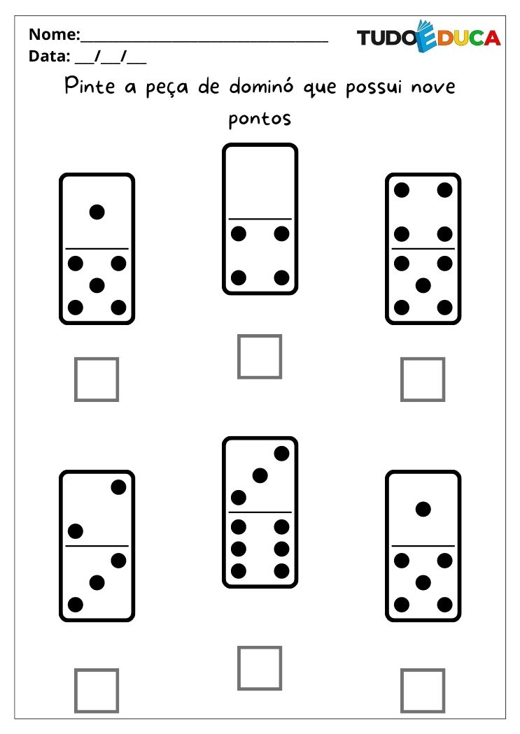 Atividades de matemática para alunos com autismo pinte a peça de dominó que possui 9 pontos para imprimir
