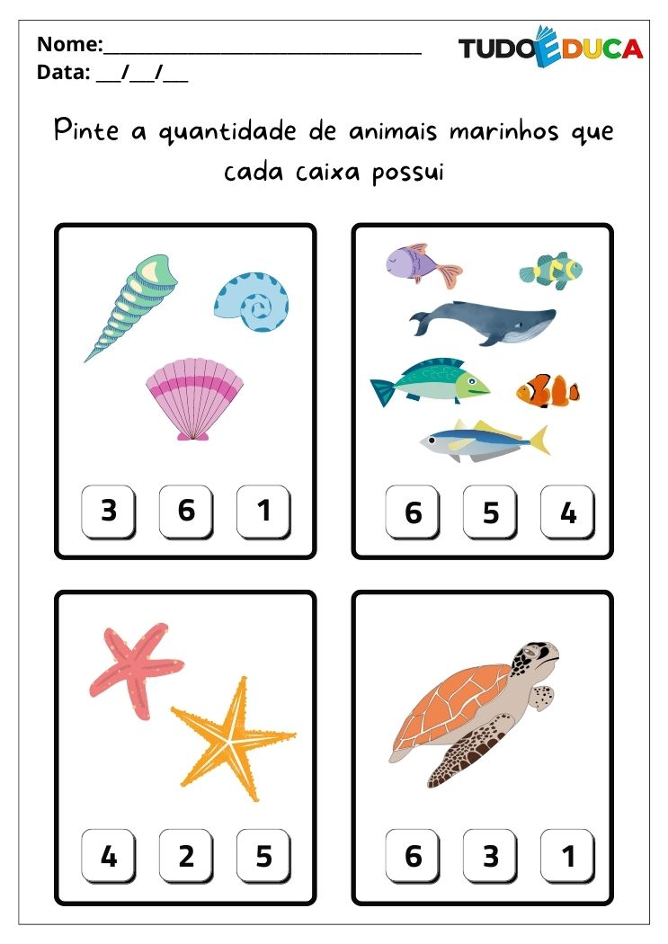 Atividades de matemática para alunos com autismo pinte a quantidade de animais marinhos que cada caixa possui para imprimir