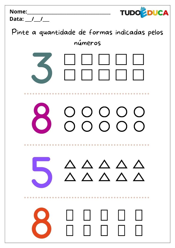 Atividades de matemática para alunos com autismo pinte a quantidade de formas indicadas para imprimir