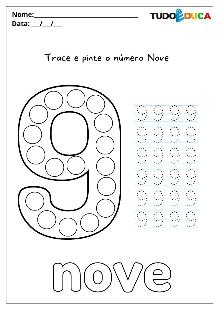 Atividades de matemática para alunos com autismo trace e pinte o número 9 para imprimir