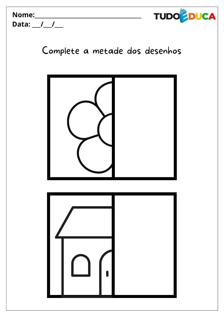 Atividades para alunos com autismo complete a metade da flor e da casa para imprimir