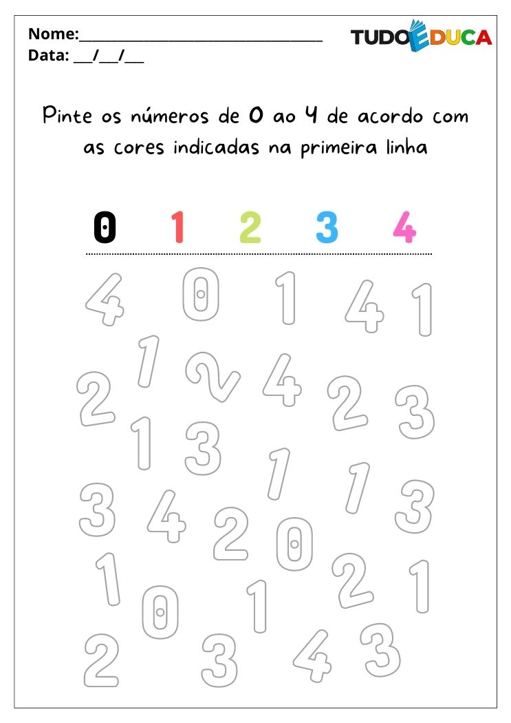 Atividades para alunos com autismo pinte os números de 0 a 4 segundo a indicação das cores para imprimir