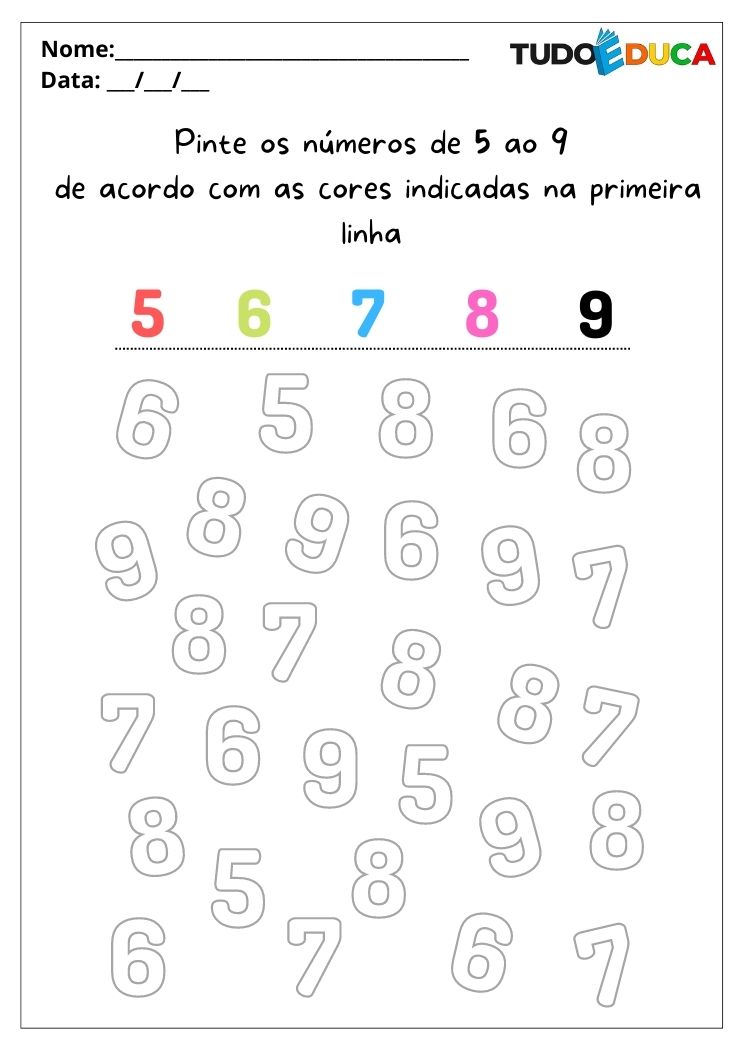 Atividades para alunos com autismo pinte os números de 5 ao 9 seguindo a indicação das cores para imprimir