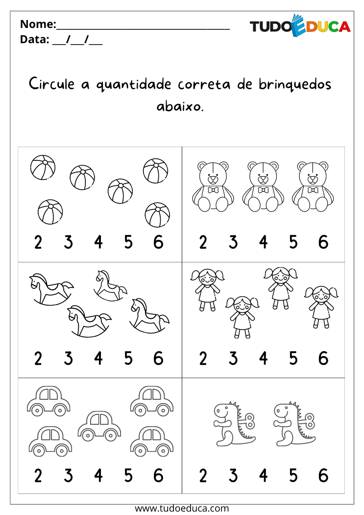 Atividade de matemática para alunos com dislexia circule a quantidade de brinquedos correta para imprimir