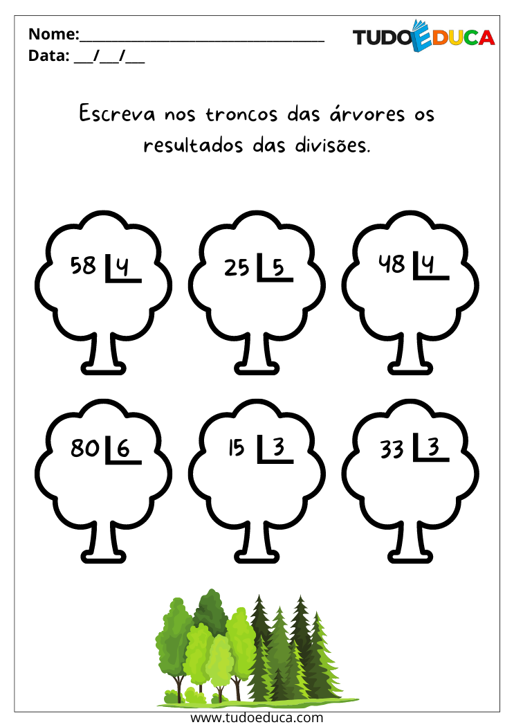 Atividade de matemática para alunos com dislexia escreva os resultados das equações nos troncos das árvores para imprimir