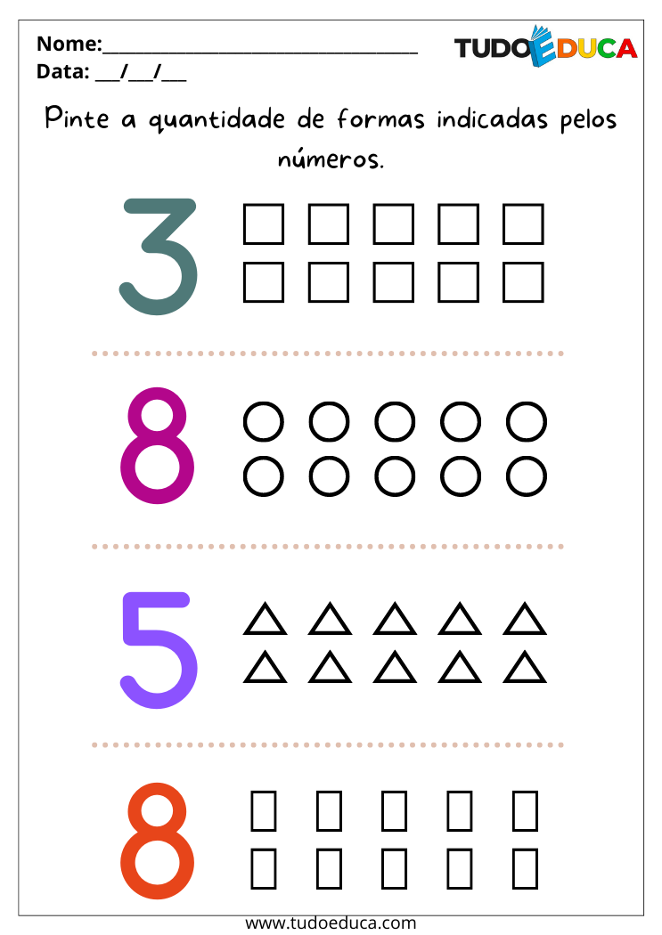 Atividade de matemática para alunos com dislexia pinte a quantidade de formas indicadas para imprimir