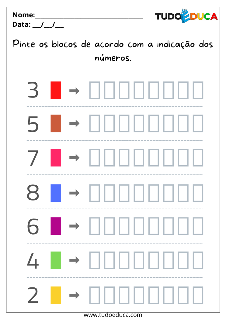 Atividade de matemática para alunos com dislexia pinte os blocos de acordo com a indicação dos números para imprimir