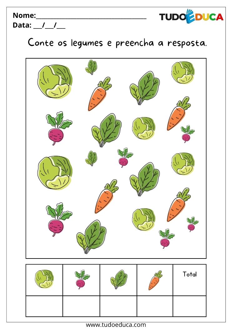 Atividade de matemática para alunos com síndrome de down conte os legumes para imprimir