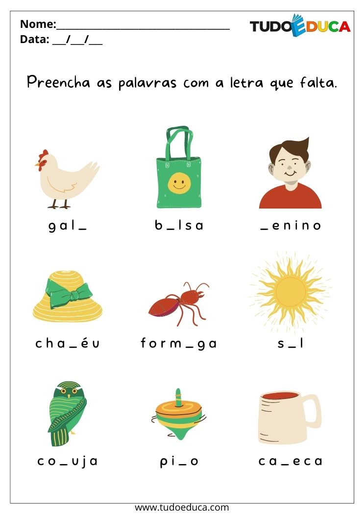 Atividade de português para alunos com dislexia complete as palavras com as letras que faltam para imprimir