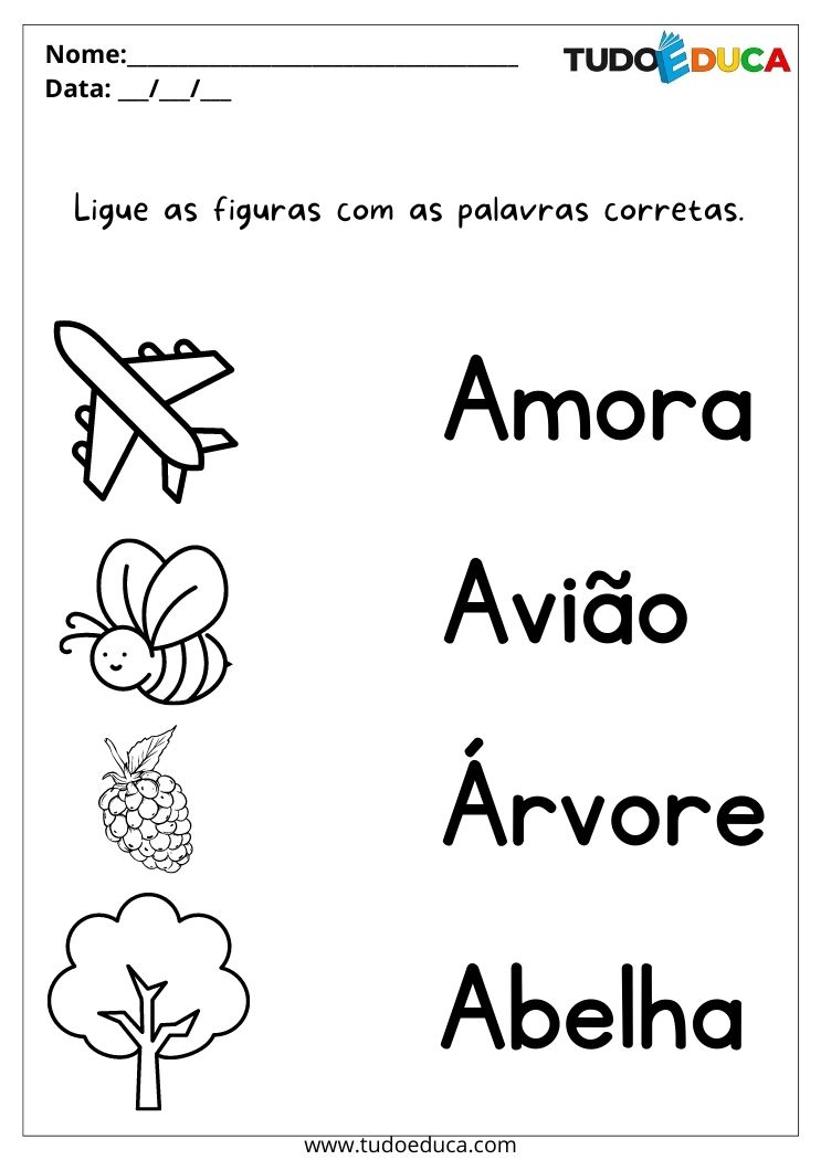 Atividade de português para alunos com dislexia ligue as figuras nos nomes corretos para imprimir